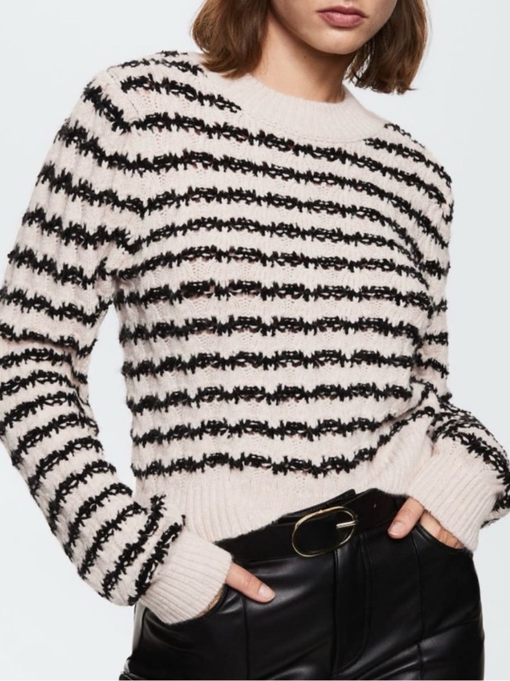 Mango Cable Knit Cream Sweater with Black Textured Stripes